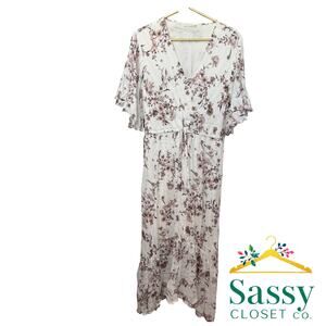Lovestitch Floral Maxi Dress White Pink Brown Metallic V Neck Size L EUC